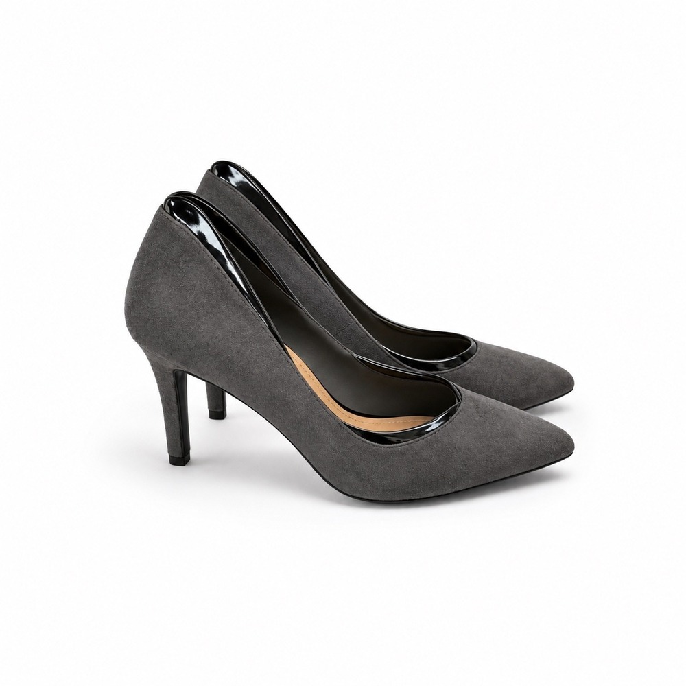 Impo Trillie Gray Faux Suede Pointed Toe 3 inch Heels Black Patent Trim Size 6.5